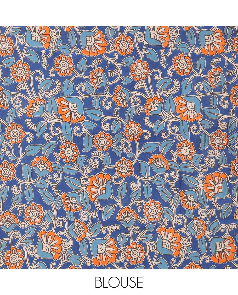 Pink sparesly striped Mangalagiri Cotton saree, temple border of stripes, striped pallu, and contrast kalamkari floral printed blouse