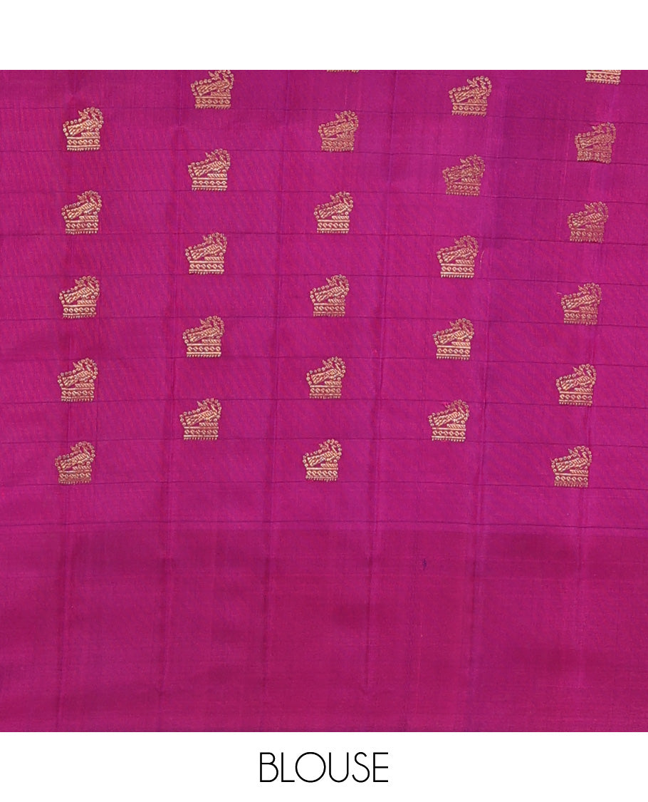 Green buttas enclosed checked gadwal silk saree, contrast thazampoo rekku plain border, and pallu of mayil, and kuthirai designs