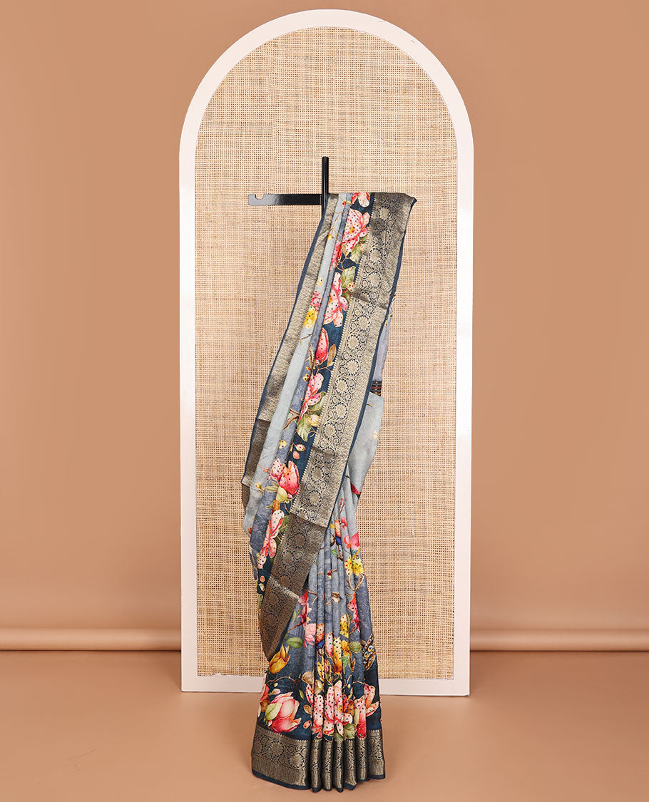 Grey floral printed with French knot embroidered dola silk saree, contrast traditional zari design border & French knot thread embroidered pallu