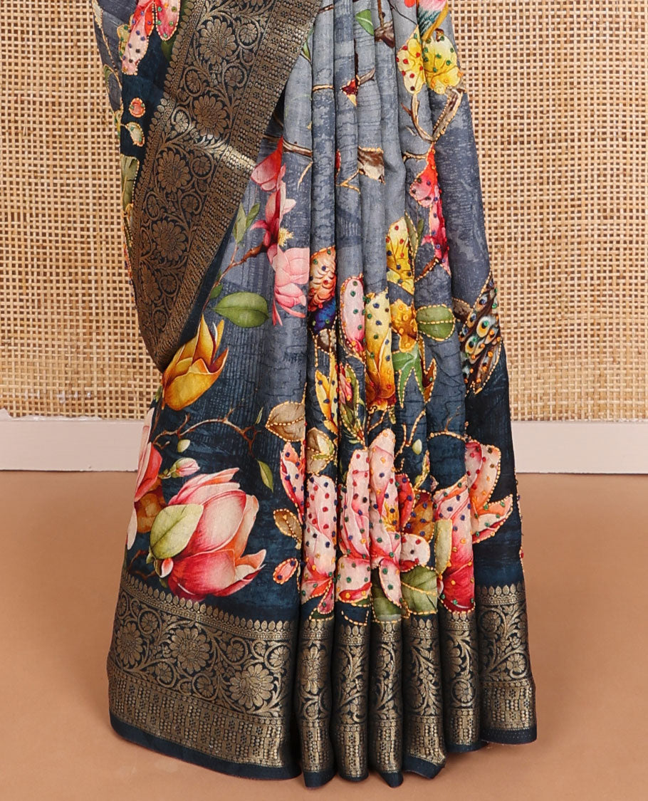 Grey floral printed with French knot embroidered dola silk saree, contrast traditional zari design border & French knot thread embroidered pallu