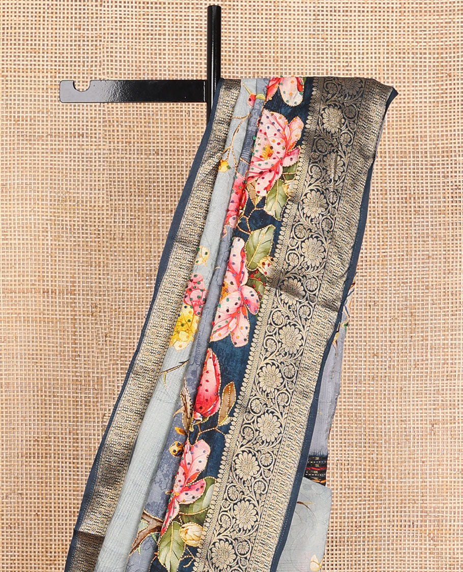 Grey floral printed with French knot embroidered dola silk saree, contrast traditional zari design border & French knot thread embroidered pallu