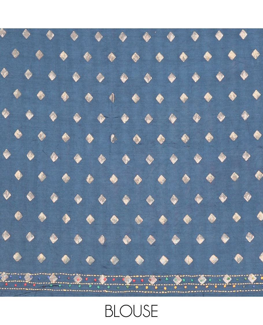 Grey floral printed with French knot embroidered dola silk saree, contrast traditional zari design border & French knot thread embroidered pallu
