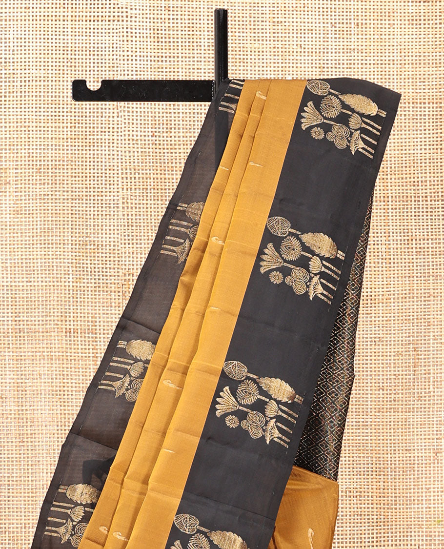 Mehendi Gold Muniya Buttas Vasundhara Lite Silk Mix Saree, Contrast Border, Jaal Pallu, Contrast Blouse