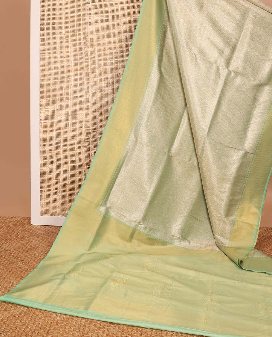 Mint green jacquard softy saree with contrast zari design border & floral design pallu