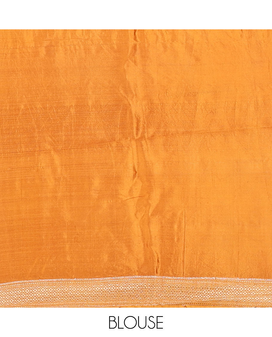 Brown floral meena buttas raw mango silk saree, contrast floral design border creeper, and floral design pallu