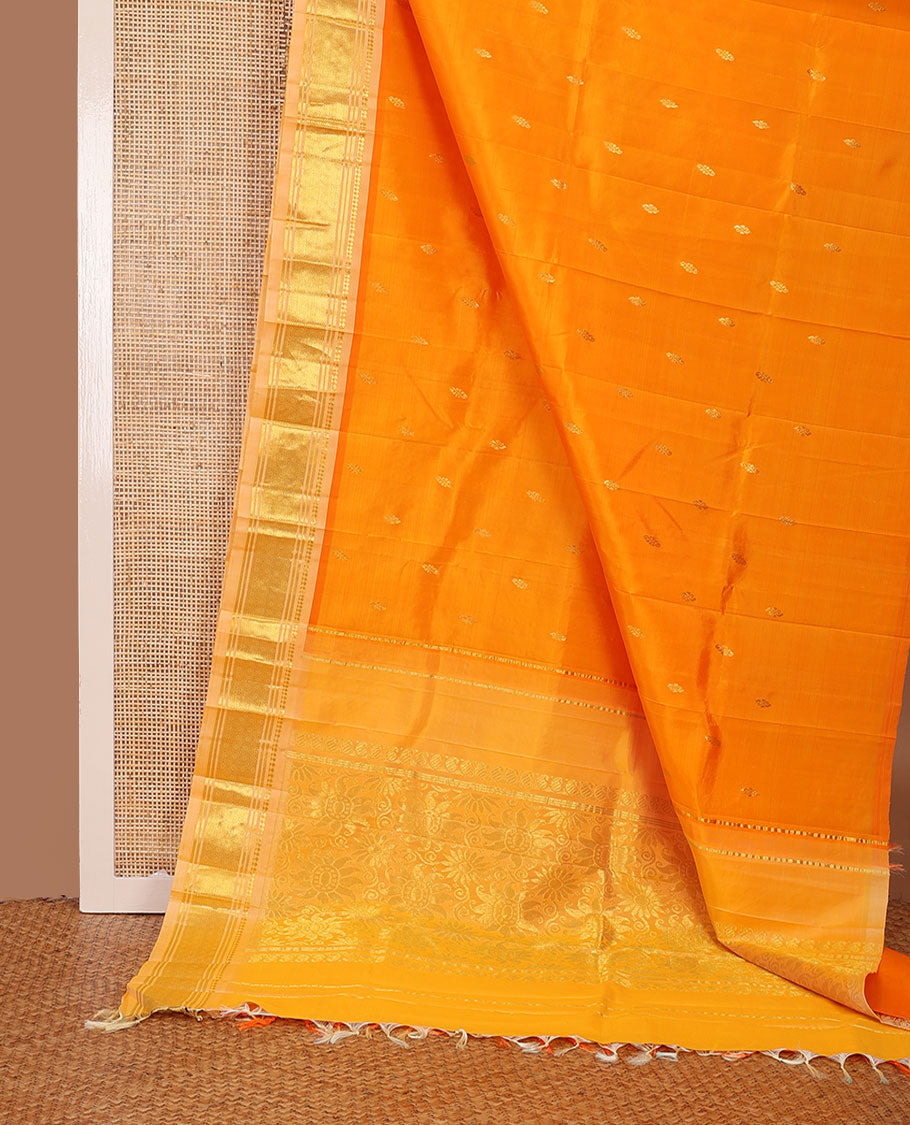 Orange zari buttas Kanchipuram silk saree, contrast one-sided border of panner sombu,banaras & jaal, & floral design pallu