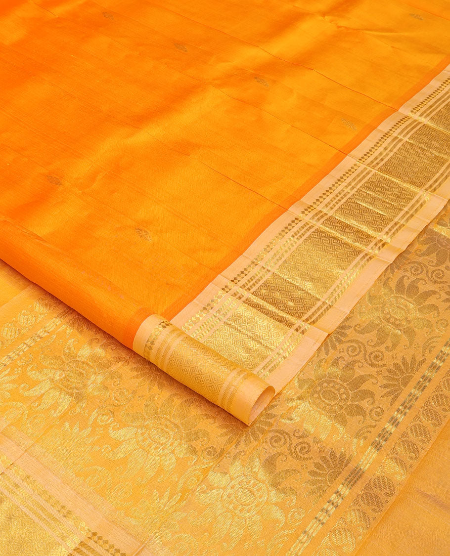 Orange zari buttas Kanchipuram silk saree, contrast one-sided border of panner sombu,banaras & jaal, & floral design pallu