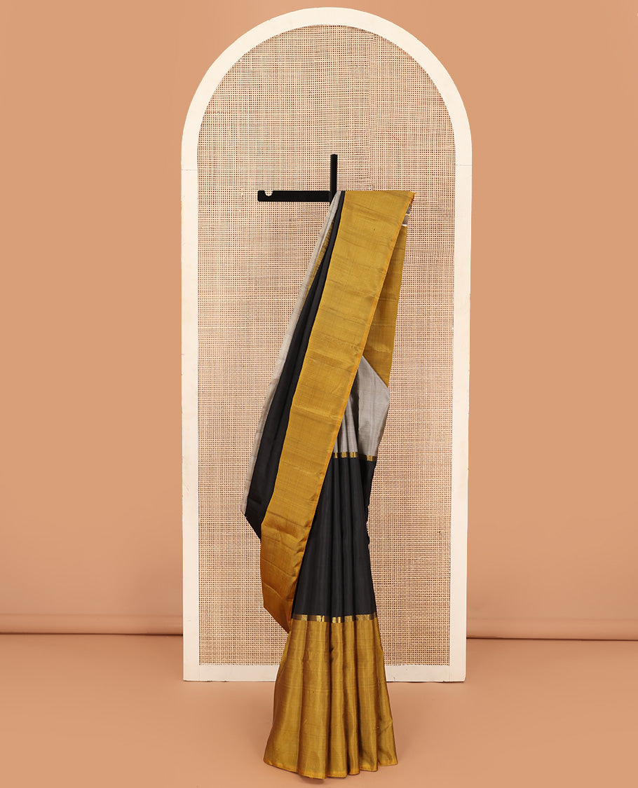 Borderless Grey, black, and Mustard tri-colored combo Kanchipuram silk saree with two-horizontal thick zari striped running on its body and pallu