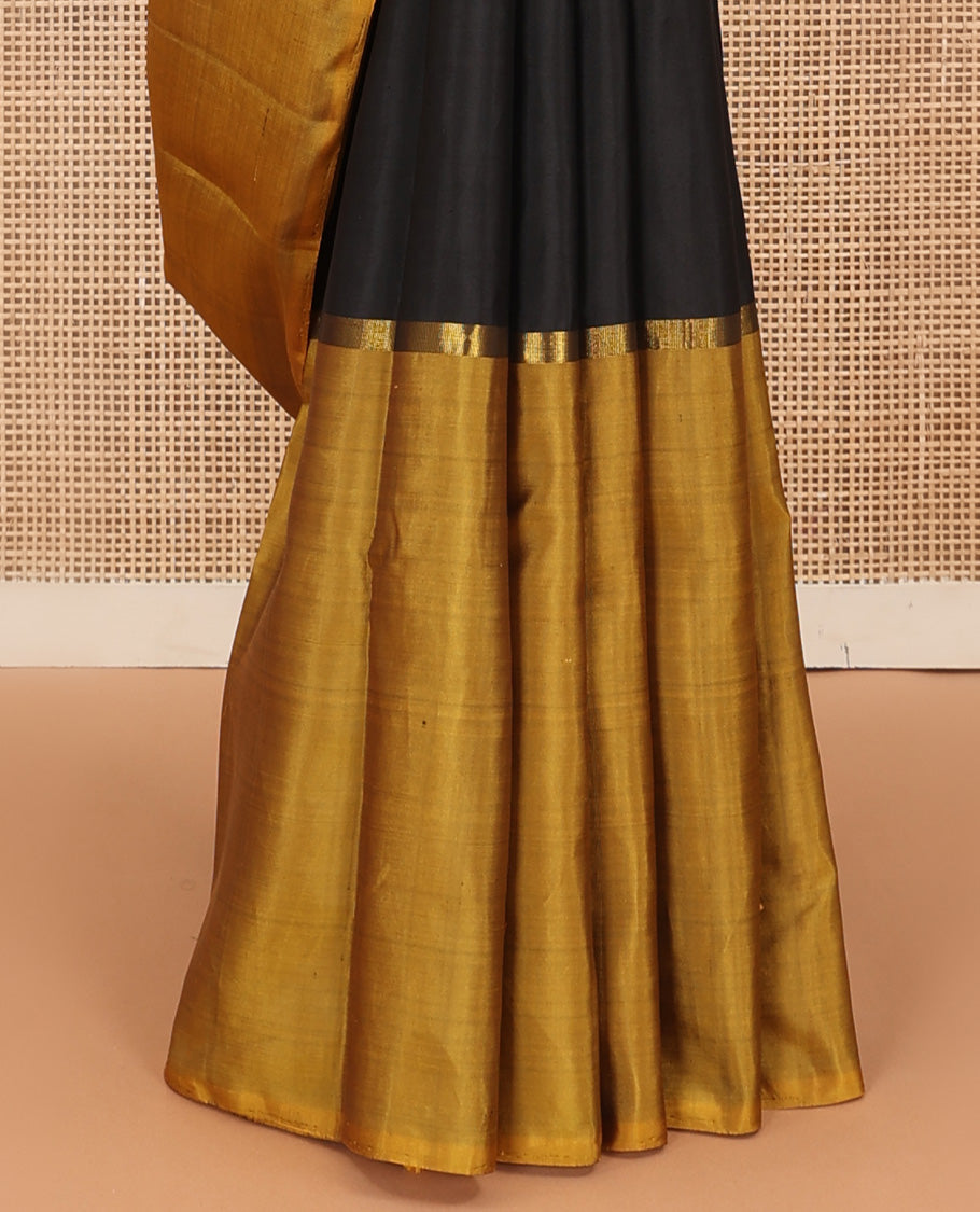 Borderless Grey, black, and Mustard tri-colored combo Kanchipuram silk saree with two-horizontal thick zari striped running on its body and pallu
