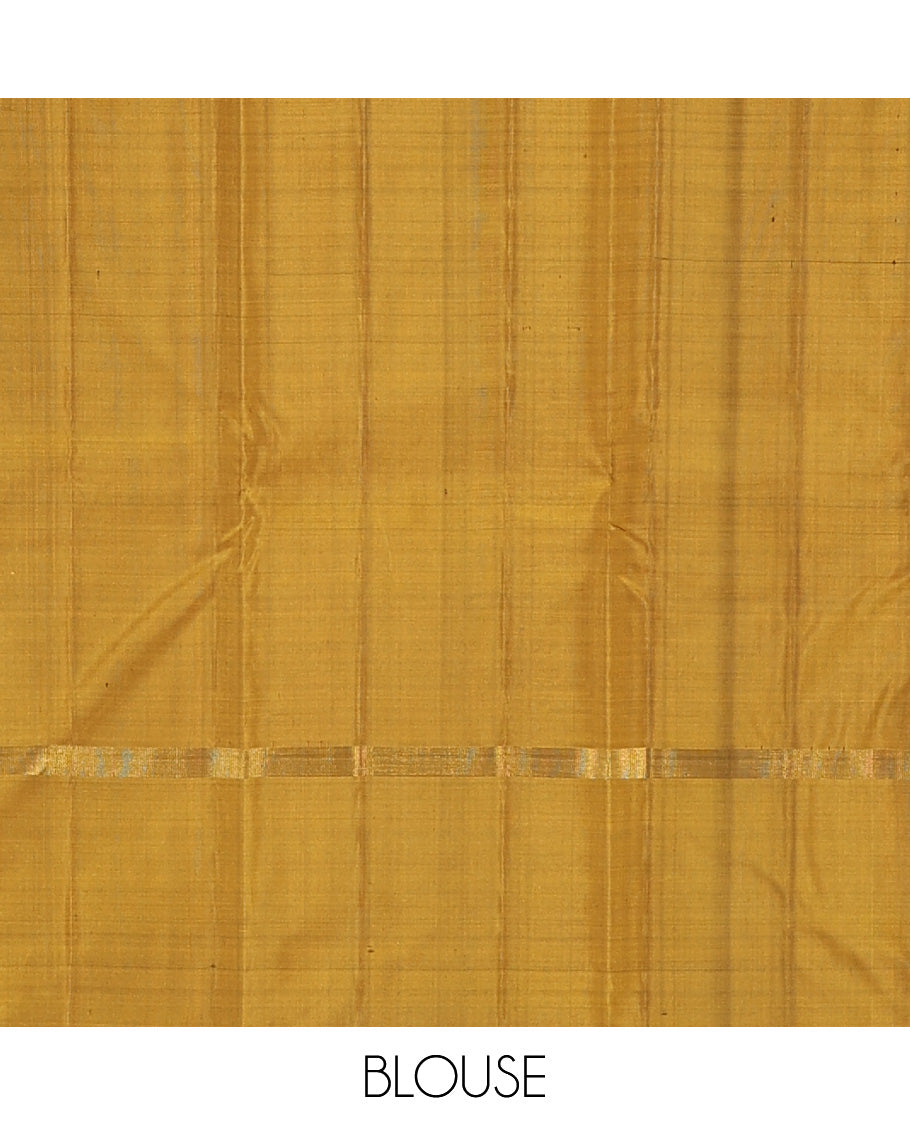 Borderless Grey, black, and Mustard tri-colored combo Kanchipuram silk saree with two-horizontal thick zari striped running on its body and pallu