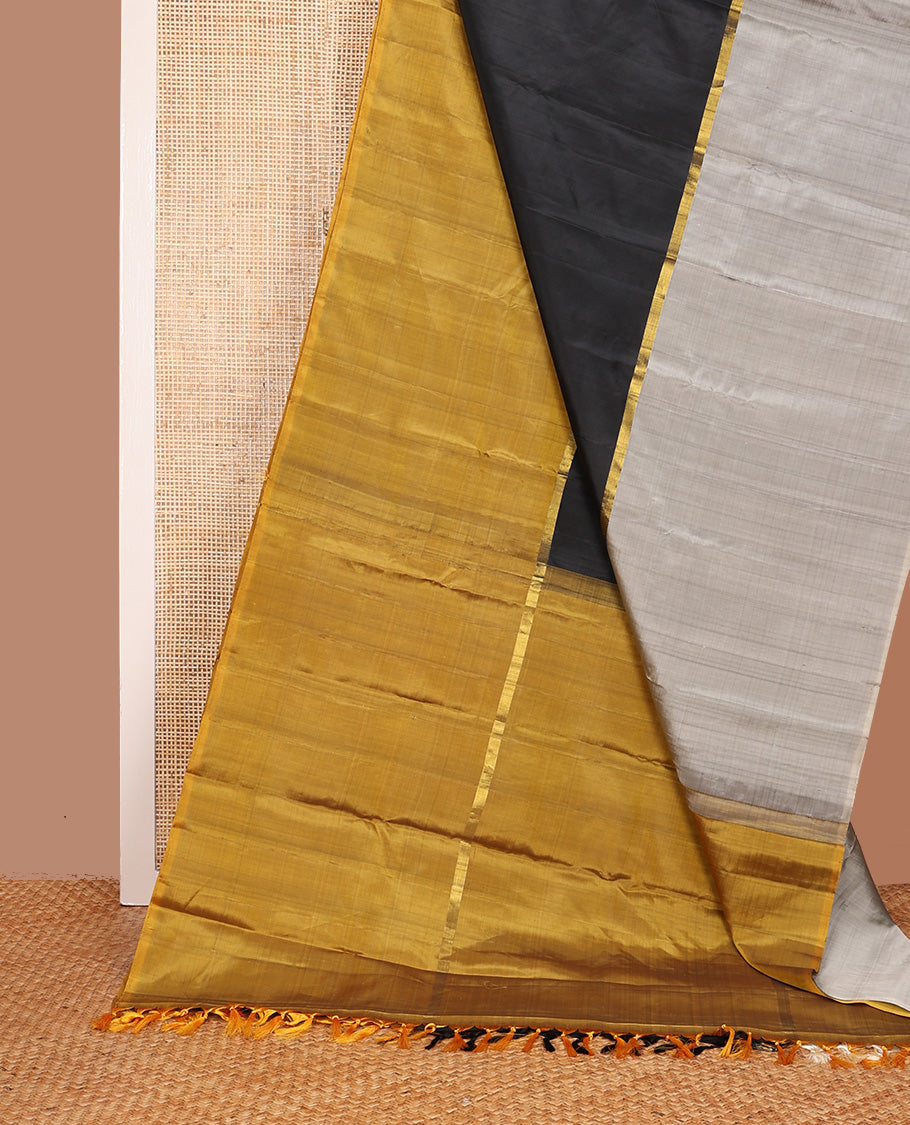 Borderless Grey, black, and Mustard tri-colored combo Kanchipuram silk saree with two-horizontal thick zari striped running on its body and pallu