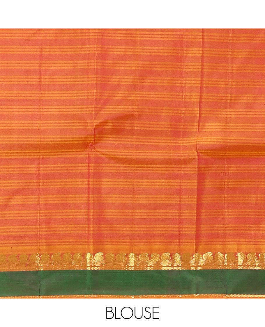 Purple Kanchipuram silk saree, contrast rettai pettu border of manga, neli, and diamond designs, and zari striped pallu
