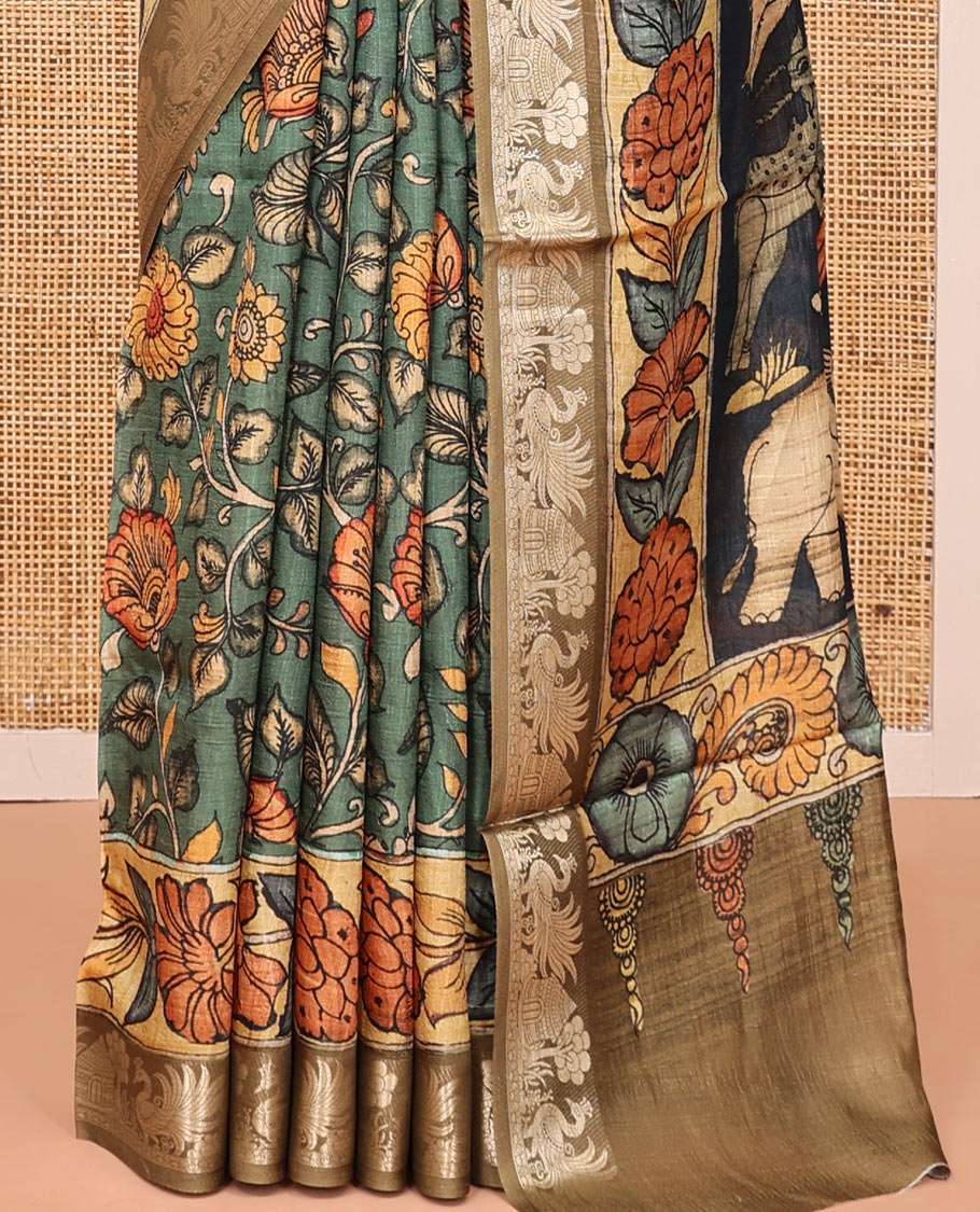 Green Kalamkari Saree, Enriched with Floral Vine Print, Complemented by Contrast Zari Border, Pallu of Fauna Motifs, and a Contrast Blouse