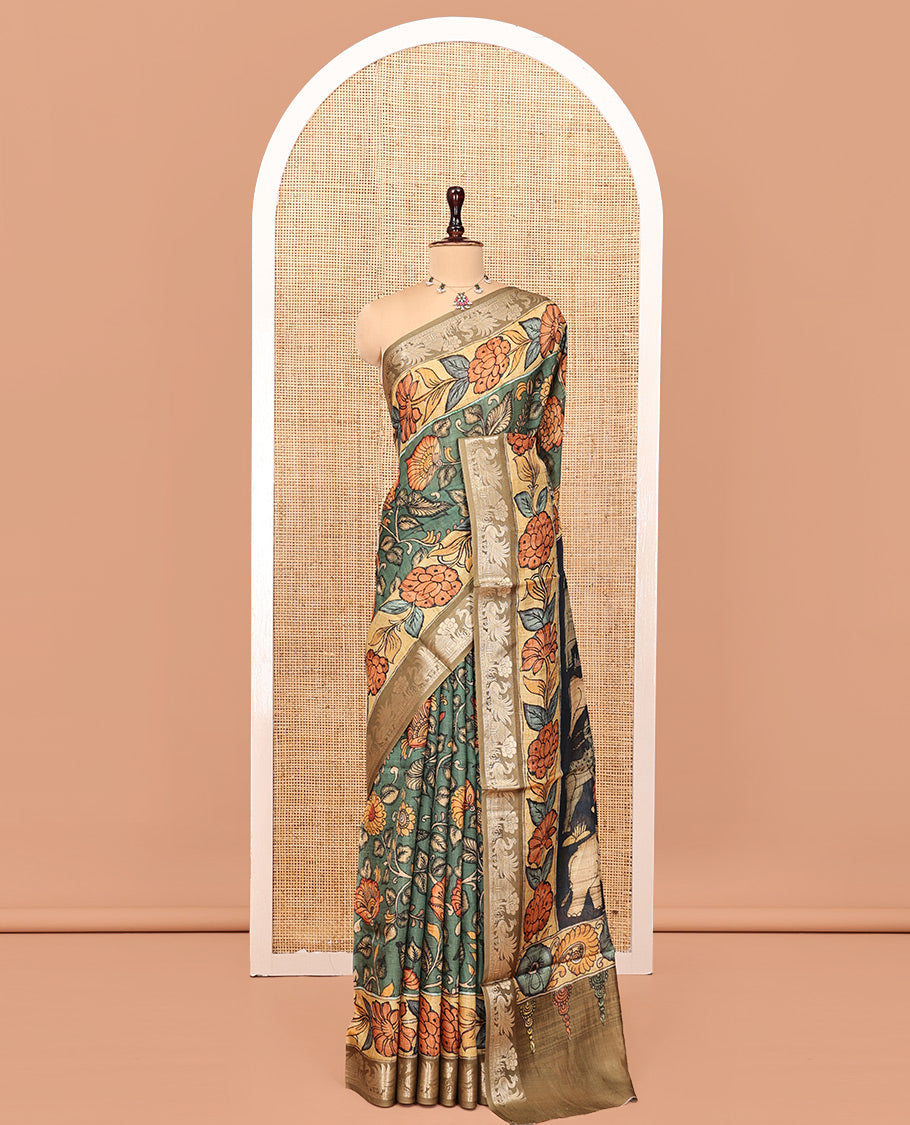 Green Kalamkari Saree, Enriched with Floral Vine Print, Complemented by Contrast Zari Border, Pallu of Fauna Motifs, and a Contrast Blouse