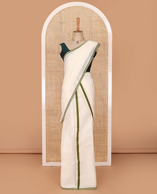 Cream plain Kerala mundu set with contrast olive green border