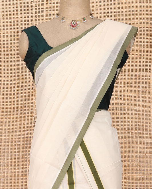 Cream plain Kerala mundu set with contrast olive green border
