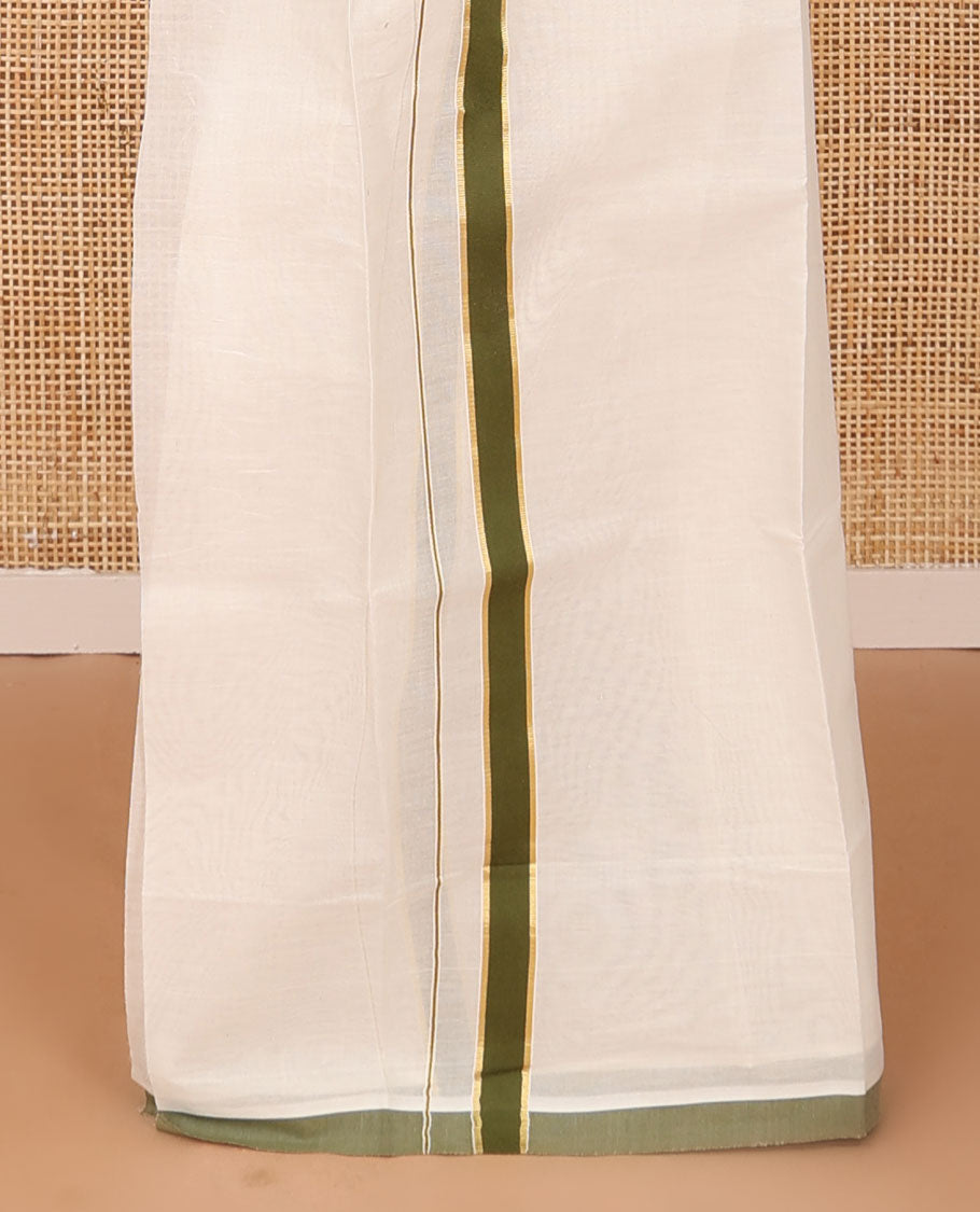 Cream plain Kerala mundu set with contrast olive green border