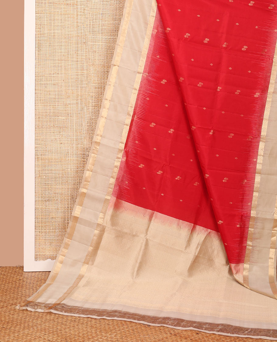 Red zari buttas soft silk saree, contrast rettai pettu zari border & pallu of jaal design