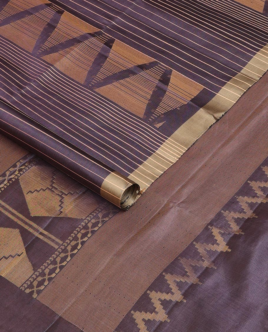 Grey stripes & triangle motifs soft silk saree, zari border & geometric patterned pallu