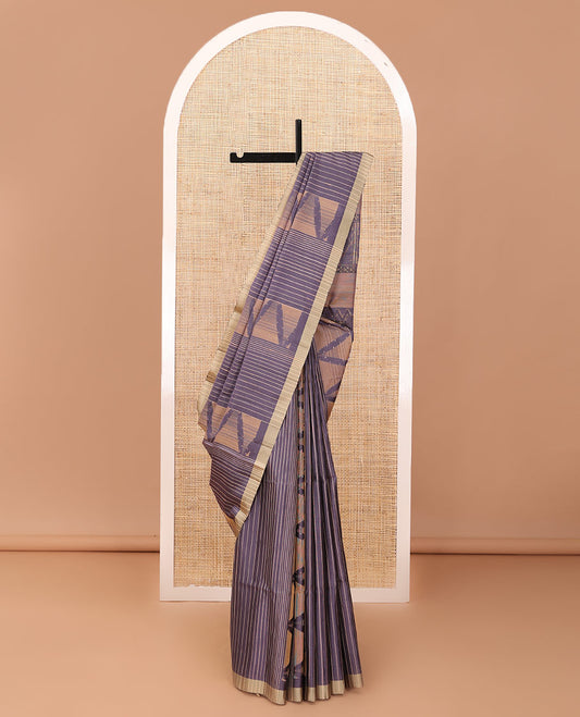 Grey stripes & triangle motifs soft silk saree, zari border & geometric patterned pallu