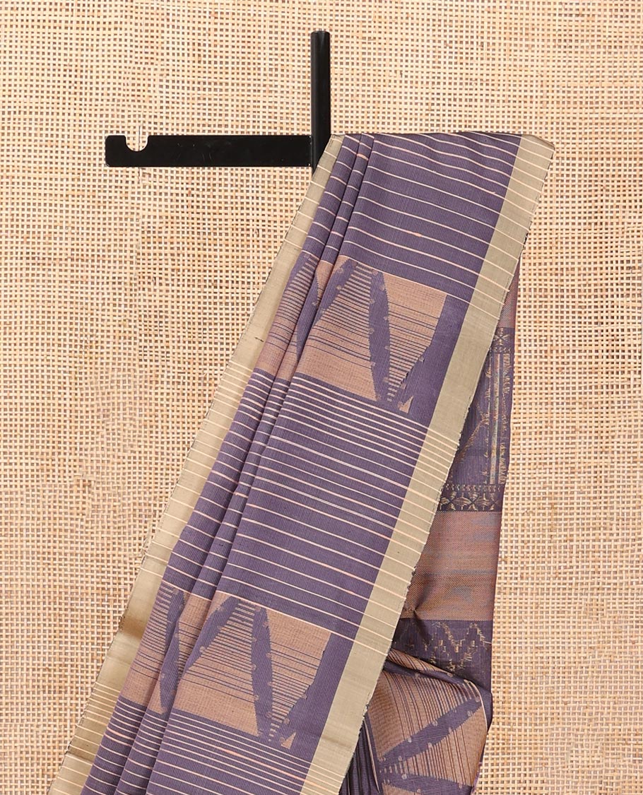 Grey stripes & triangle motifs soft silk saree, zari border & geometric patterned pallu