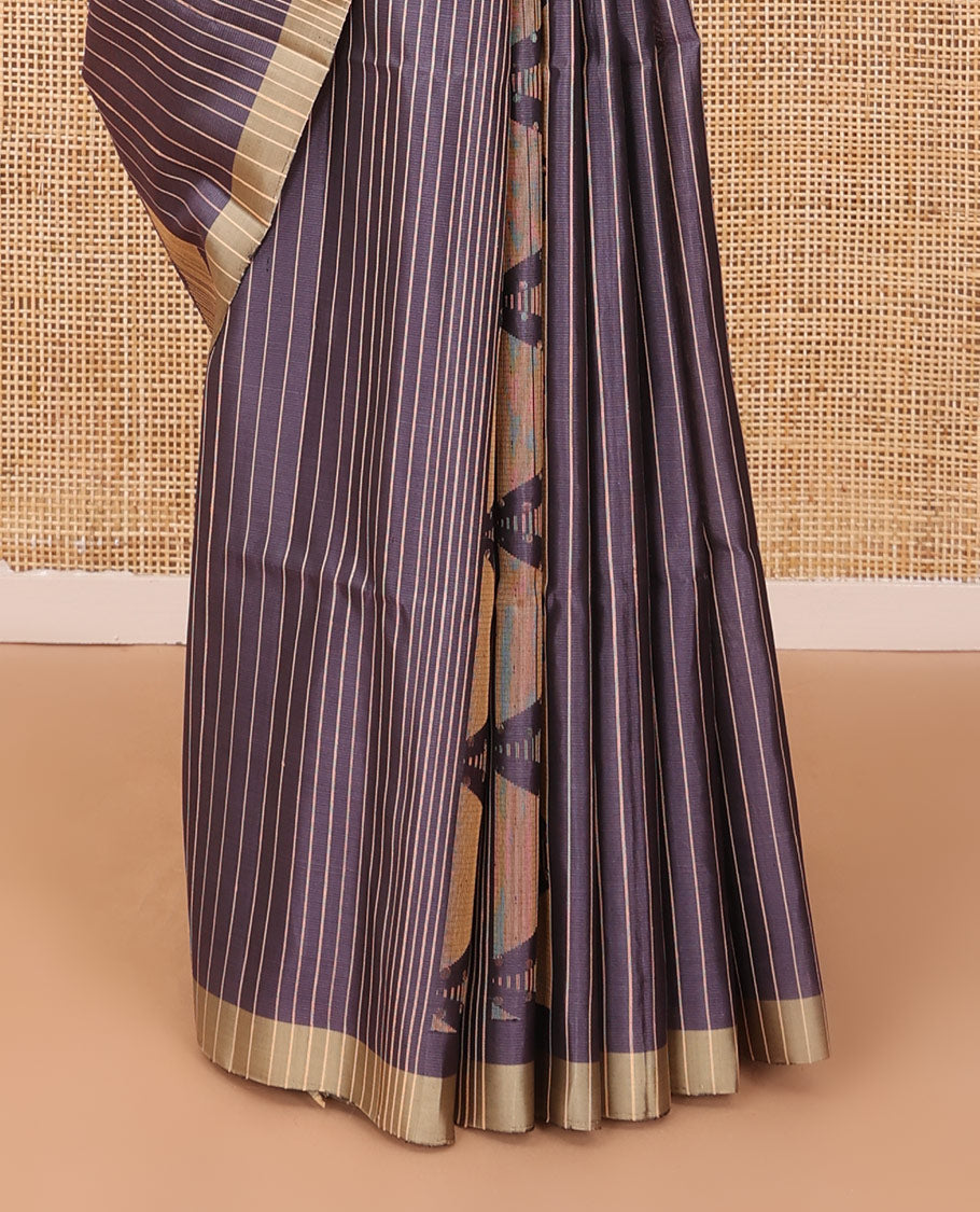 Grey stripes & triangle motifs soft silk saree, zari border & geometric patterned pallu