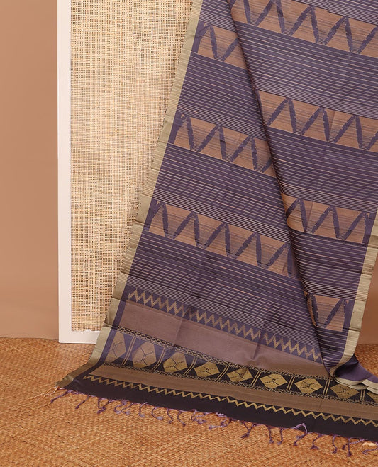 Grey stripes & triangle motifs soft silk saree, zari border & geometric patterned pallu