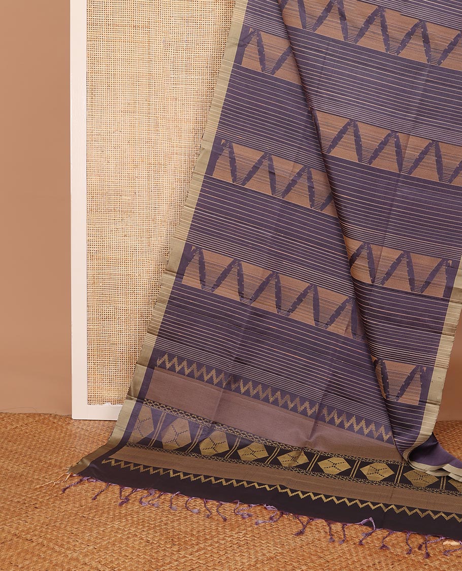 Grey stripes & triangle motifs soft silk saree, zari border & geometric patterned pallu