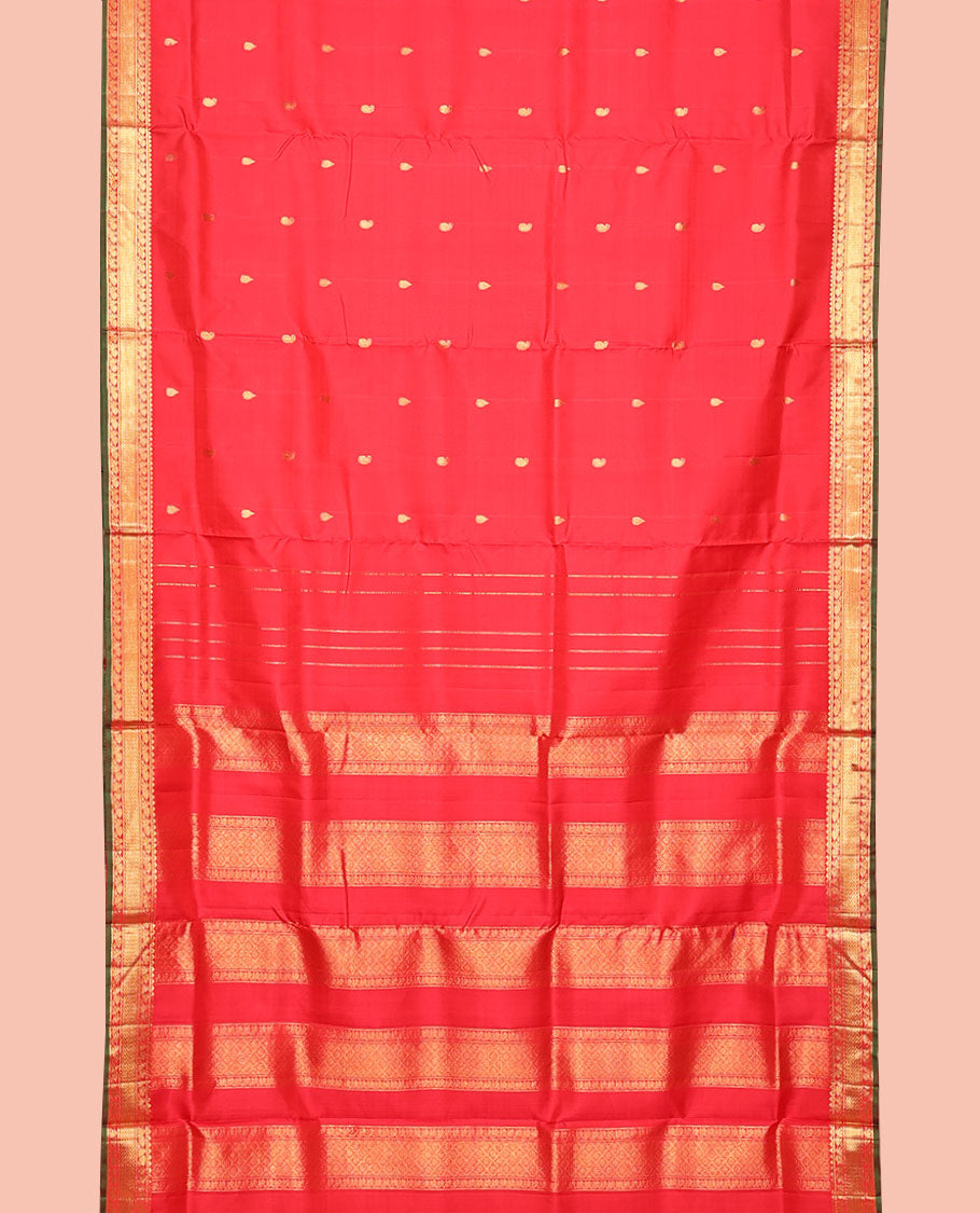 Red Nine-Yard Silk Saree, Highlighted by Zari Border of Thazampoo Rekku, Banaras, Mayil, and Vanki Designs, Pallu of Traditional Designs, and No Blouse