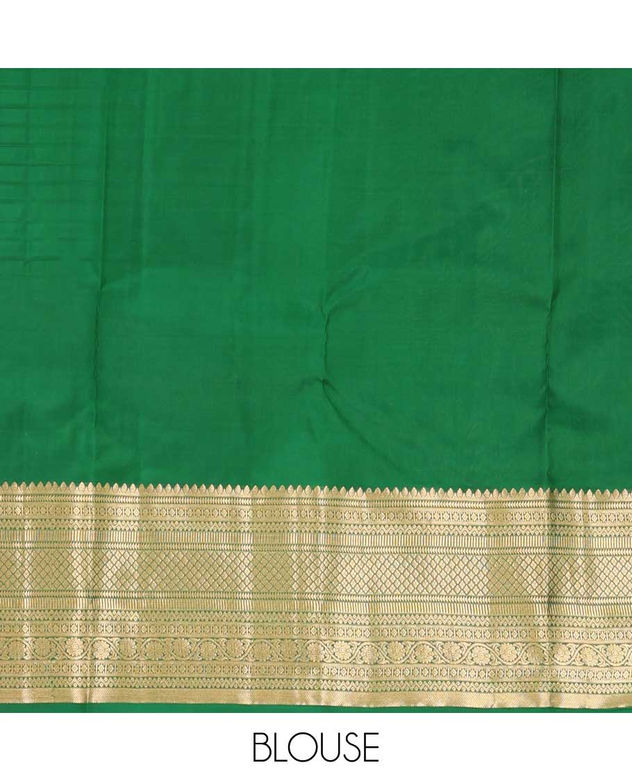 Red muthu striped silk saree, zari border of thilakam,ara bogudi, diamond, rettai neli, jaal and kodi visiry, and contrast jaal pallu