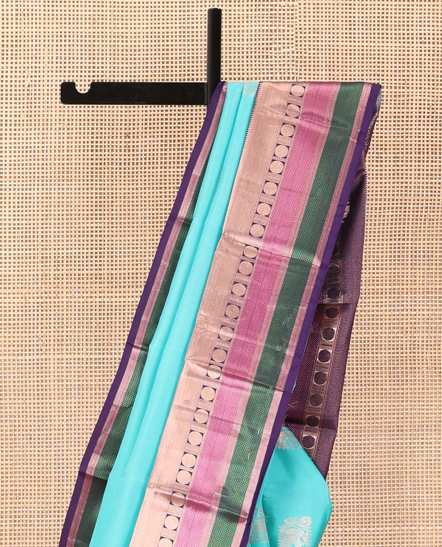 Blue yaanai buttas silk saree, contrast border of rekku, muthu, banaras, mayil kann, and rudraksham motifs, and jaal pallu