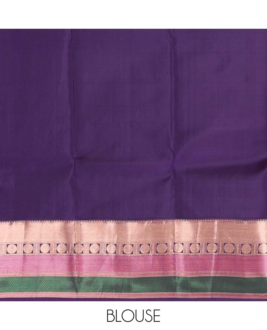 Blue yaanai buttas silk saree, contrast border of rekku, muthu, banaras, mayil kann, and rudraksham motifs, and jaal pallu