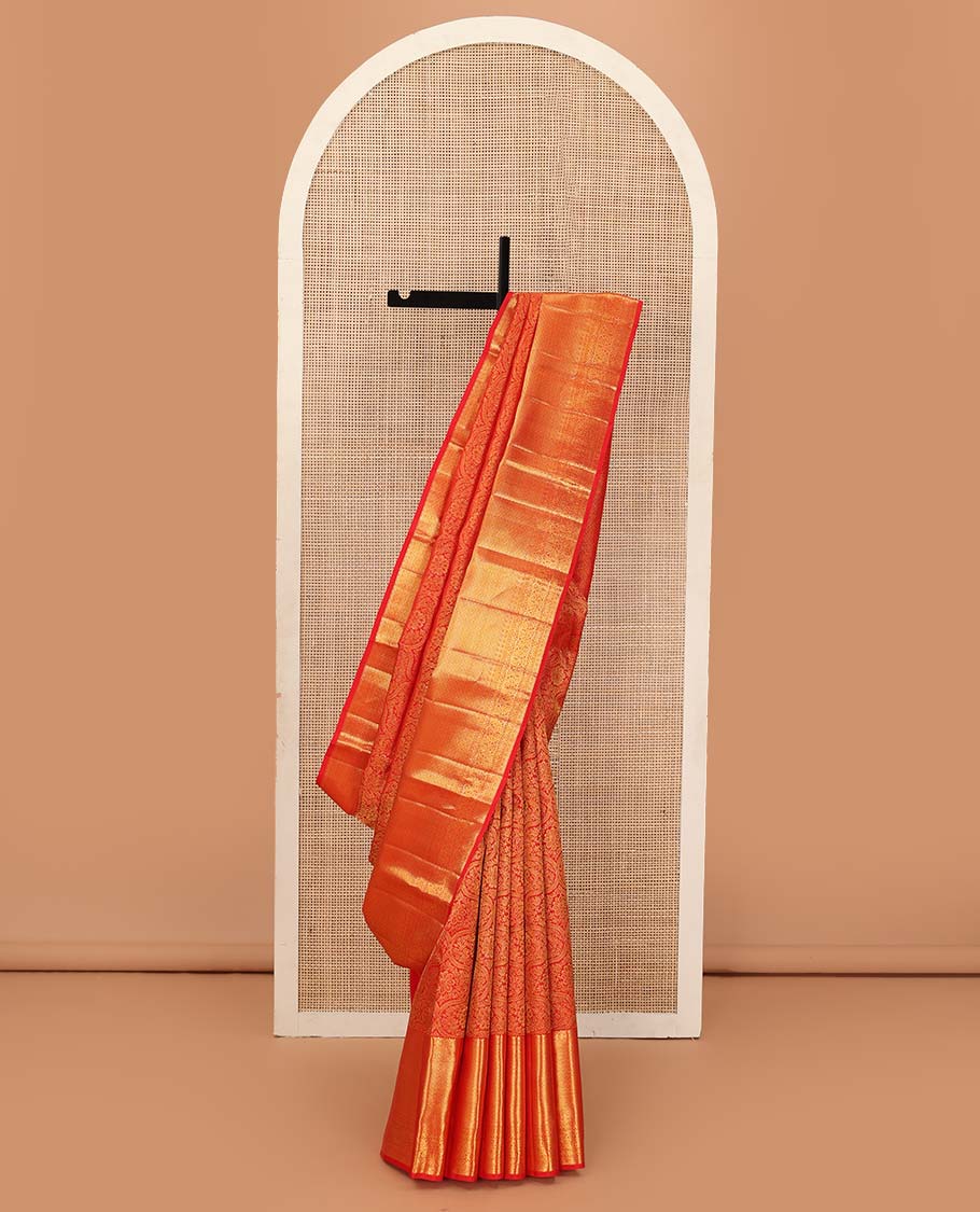 Red jacquard wedding silk saree, zari border of rekku, and paiyaadi kattam, and jaal pallu