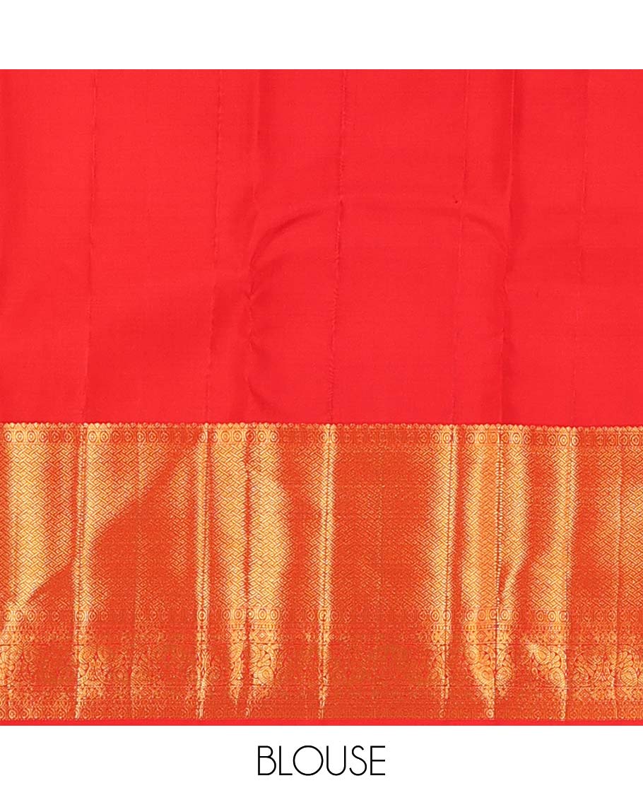 Red jacquard wedding silk saree, zari border of rekku, and paiyaadi kattam, and jaal pallu