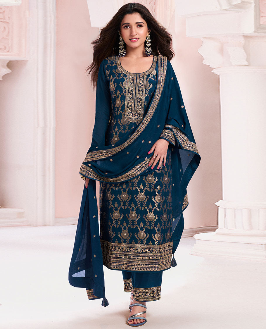 Blue dress material catalouge floral embroidery top with plain bottom & floral embroidey dupatta