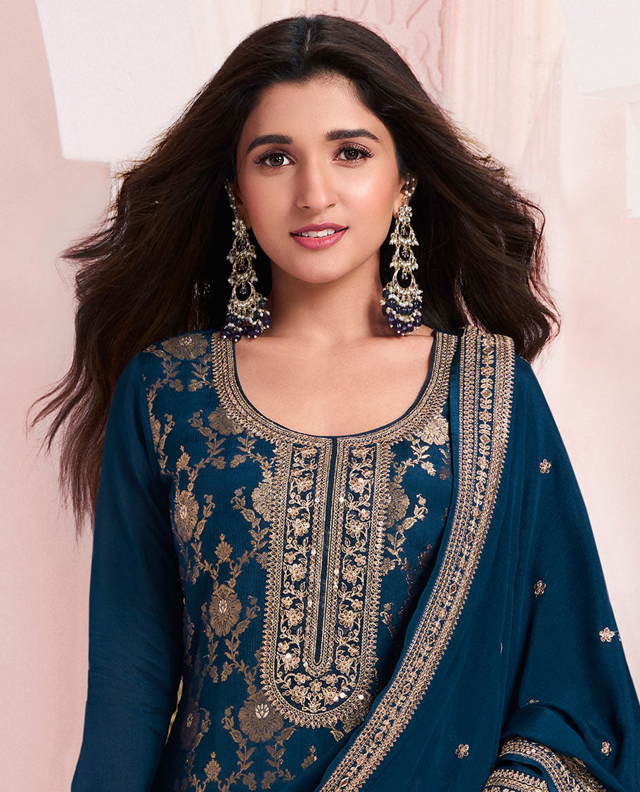 Blue dress material catalouge floral embroidery top with plain bottom & floral embroidey dupatta