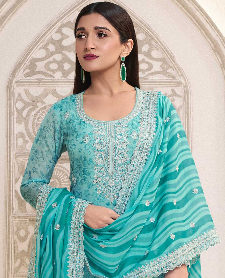Blue floral printed chudidhar material set floral embroidery top with plain bottom & floral embroidery dupatta