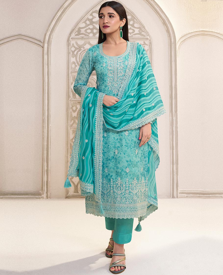 Blue floral printed chudidhar material set floral embroidery top with plain bottom & floral embroidery dupatta
