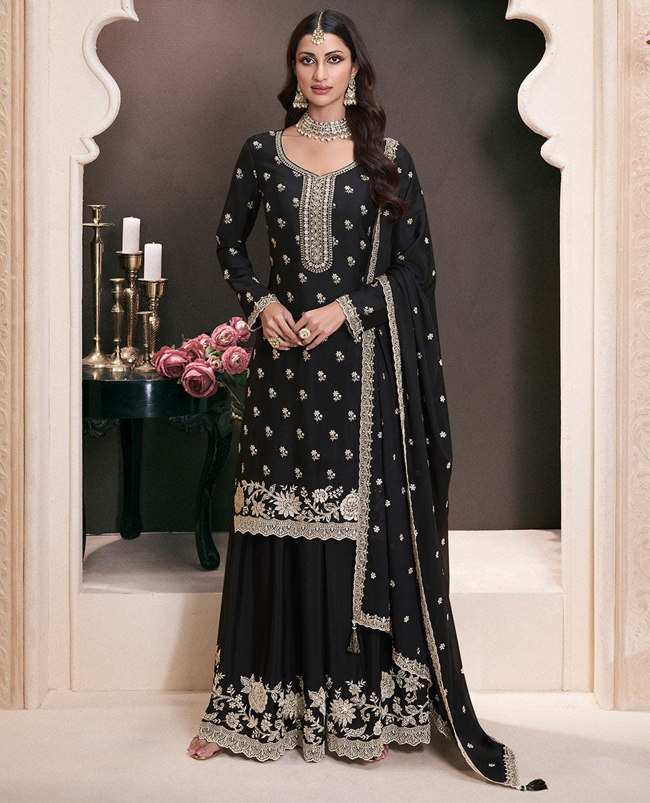 Black dress material catalouge floral thread embroidery top with embroidery palazzo pants & floral embroidery scallop border dupatta