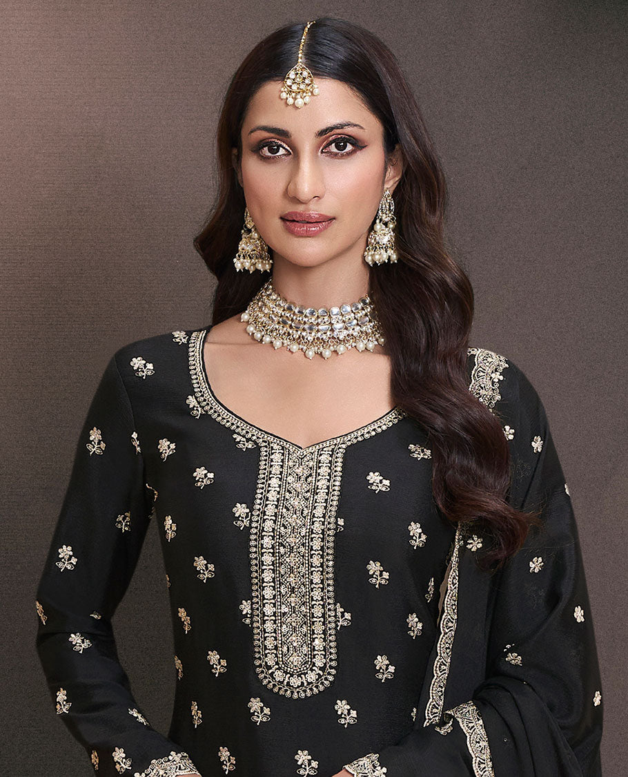 Black dress material catalouge floral thread embroidery top with embroidery palazzo pants & floral embroidery scallop border dupatta
