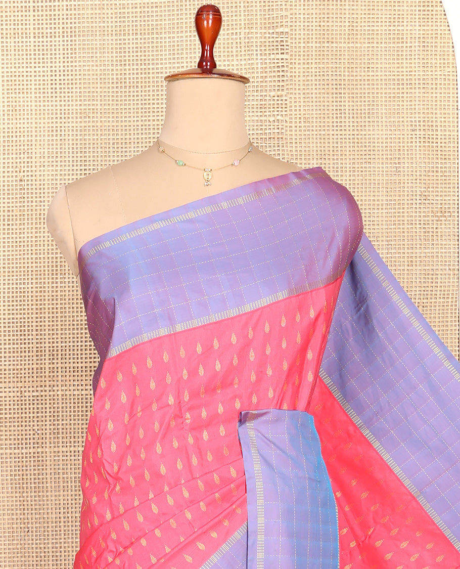 Pink Aarani Silk Saree, Bedecked with Zari Buttas All Over Its Body, Complemented by a Contrast Zari Checked Border, Pallu of Stripes and Buttas, and Paired with a Contrast Blouse