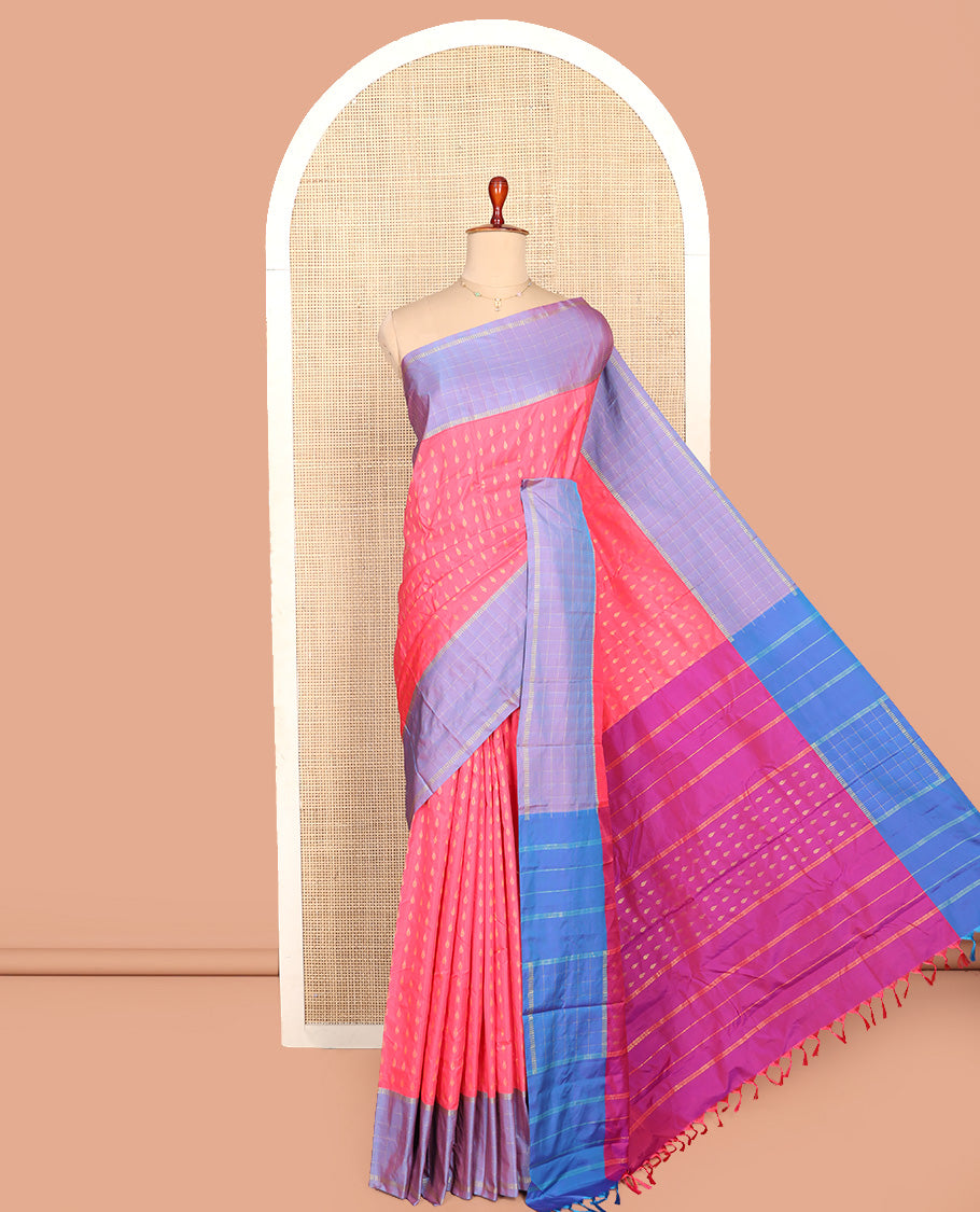 Pink Aarani Silk Saree, Bedecked with Zari Buttas All Over Its Body, Complemented by a Contrast Zari Checked Border, Pallu of Stripes and Buttas, and Paired with a Contrast Blouse