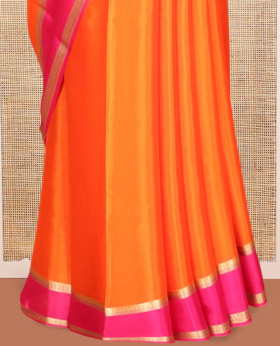 Orange Plain Mysore Silk Saree, a Contrast Traditional Zari Double-Pet Border, Zari Striped Pallu, and a Contrast Blouse