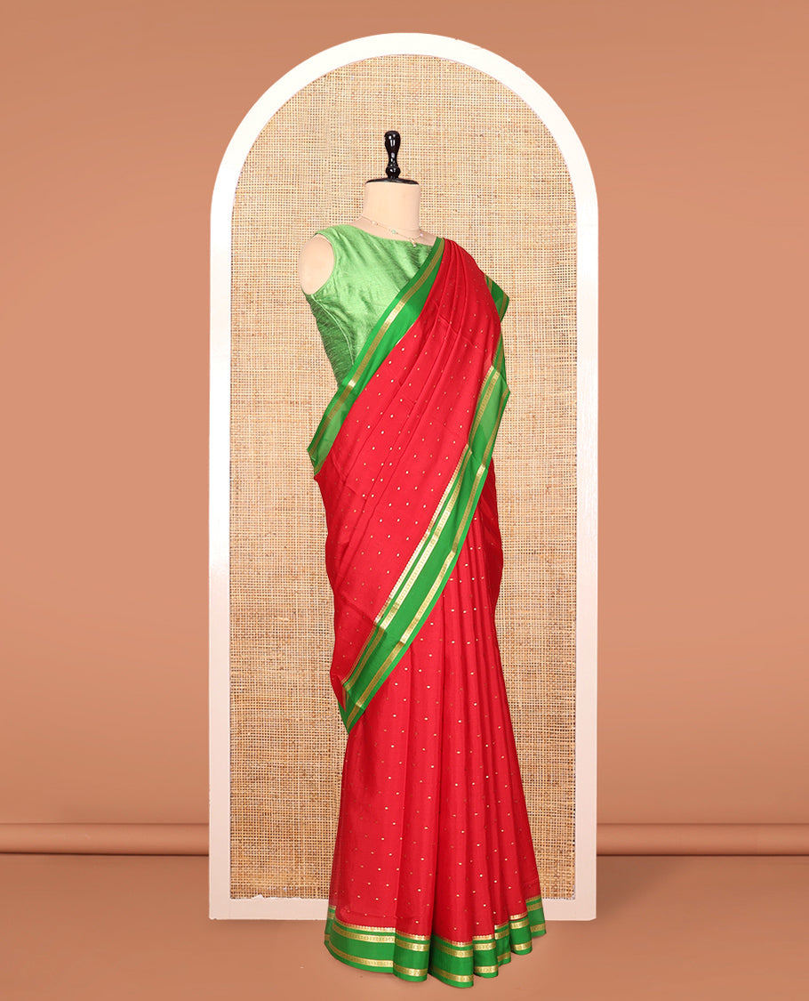 Red Mysore Silk Saree, Elevated with Buttas, Complemented by a Contrast Traditional Zari Border, Zari Design Pallu, and a Contrast Blouse