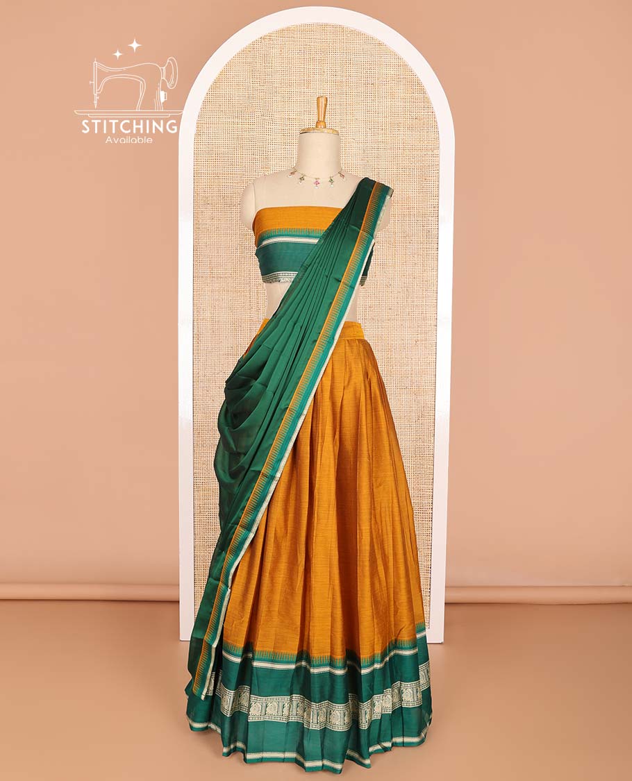 Mustard cotton half saree with contrast intricate zari design border, zari design blouse & temple border dhavani