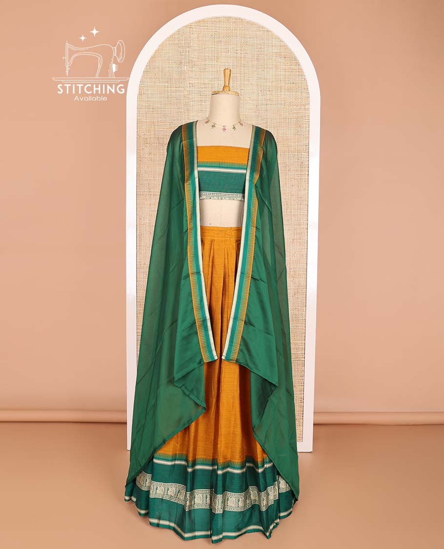 Mustard cotton half saree with contrast intricate zari design border, zari design blouse & temple border dhavani