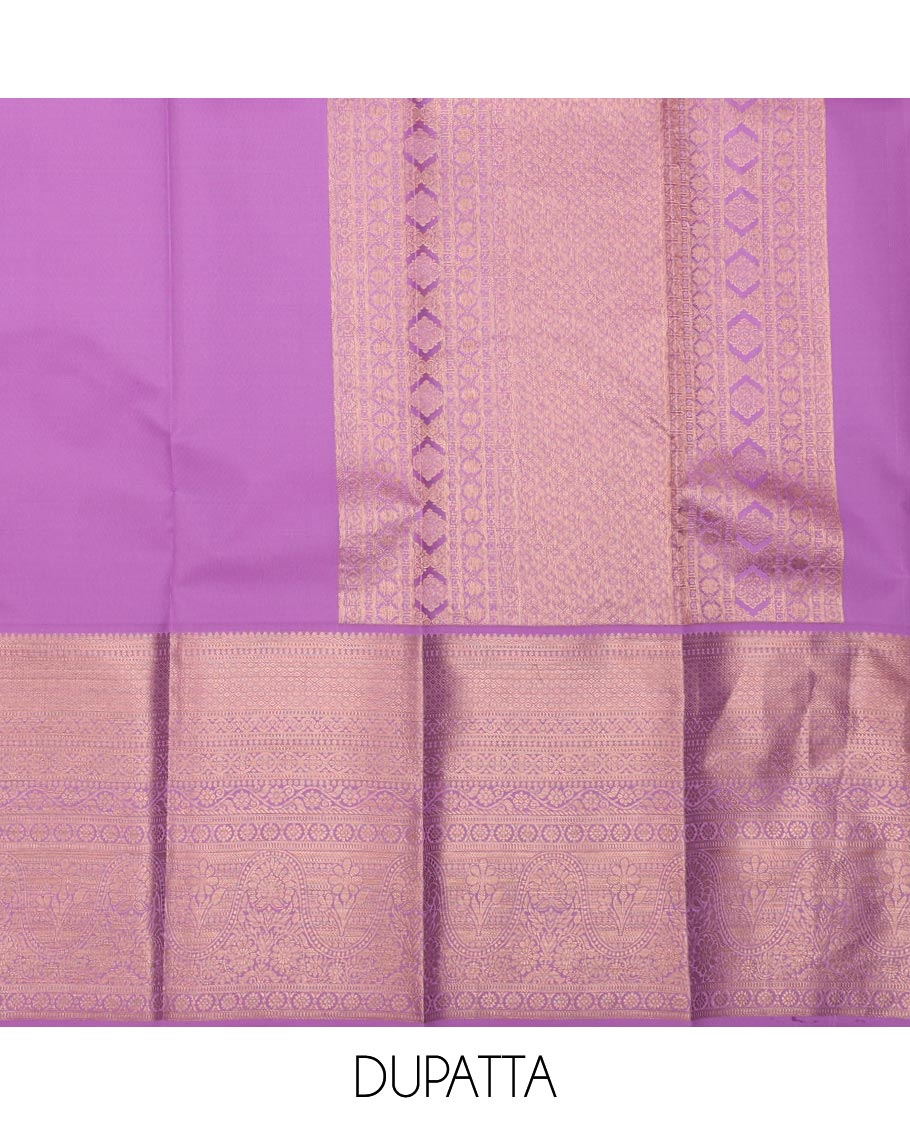 Pink jacquard pure-mix half saree,contrast zari design dhavani,zari border & blouse steeped with traditional zari designs