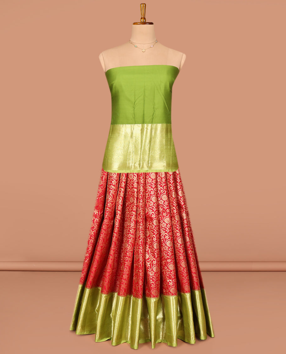 Red Art Silk Pavadai Material Set, Beautified with Floral Jacquard on Its Skirt, Complemented by a Contrast Traditional Zari Designs Border, and Paired with a Contrast Blouse