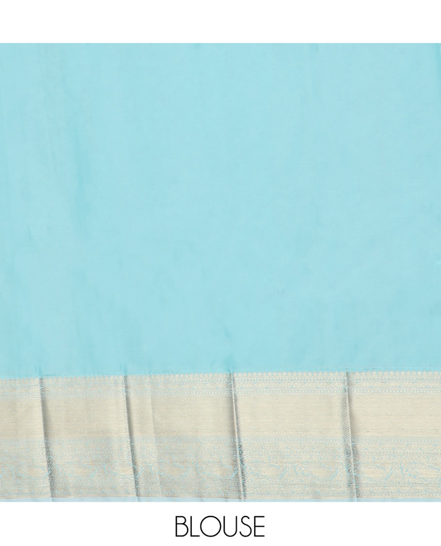 Red Budget Silk Saree Spotlighted with Zari Buttas and Paisley Buttas, Complemented by a Contrast Border of Traditional Zari Designs, Subtly Designed Pallu of Geometric Designs, and Paired with a Contrast Blouse