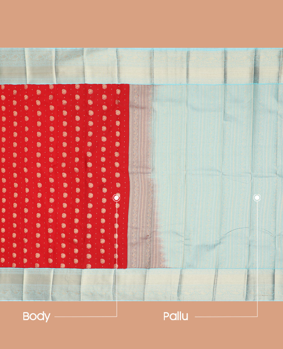Red Budget Silk Saree Spotlighted with Zari Buttas and Paisley Buttas, Complemented by a Contrast Border of Traditional Zari Designs, Subtly Designed Pallu of Geometric Designs, and Paired with a Contrast Blouse